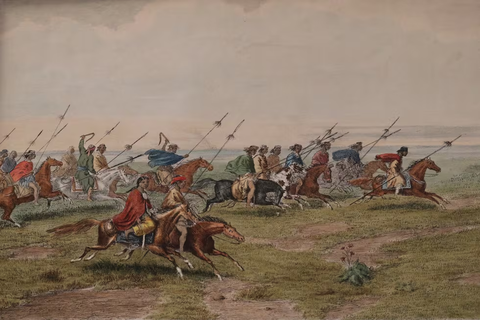 León Pallière, Invasión de indios, lámina coloreada, siglo XIX. Reproducción del archivo de trabajo del autor. (Pallière, s. f.)