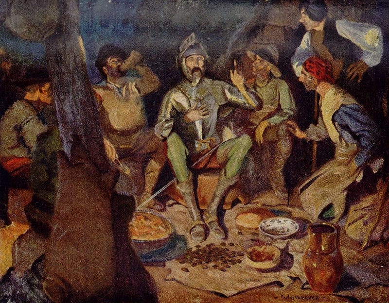 Ni Sancho ni los cabreros: quien se burla de don Quijote y de la gravedad de su “inútil discurso” es el narrador, buscando la complicidad del lector. “Toda esta larga arenga (que se pudiera muy bien evitar) dijo nuestro caballero…”