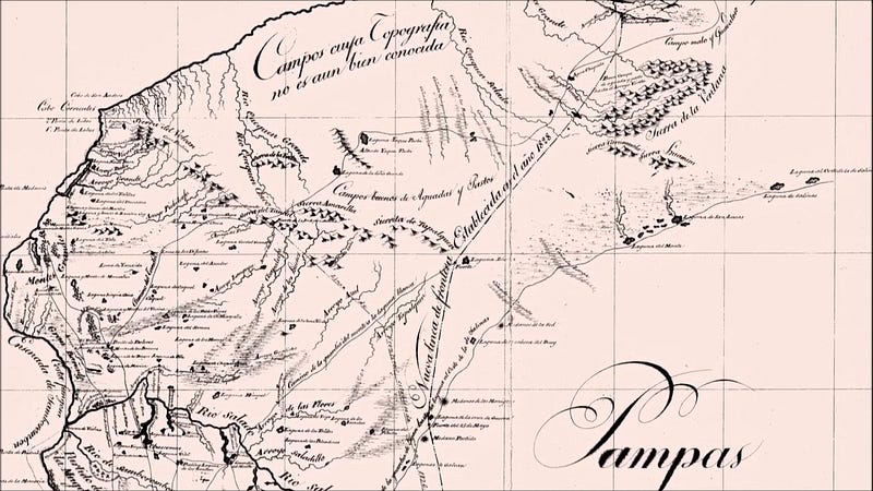 Mapa de 1825 muestra la región de las Pampas en Argentina, incluyendo la línea de frontera establecida en 1818. Se puede ver que la zona de la “Sierra de la Ventana” ya era conocida en esa época. El mapa también indica la ubicación de ríos como el Río Salado y la presencia de territorios ocupados por pueblos originarios.