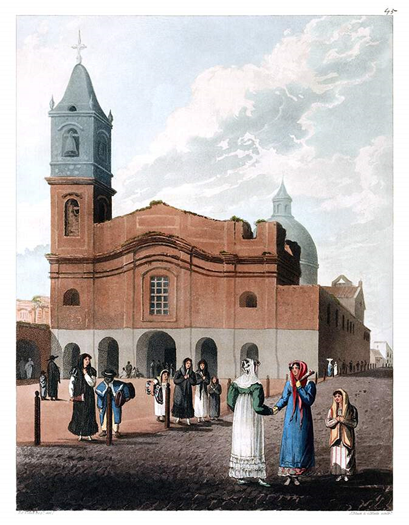 “The Church of Santo Domingo.” Hand-colored aquatint by Emeric Essex Vidal (1818).