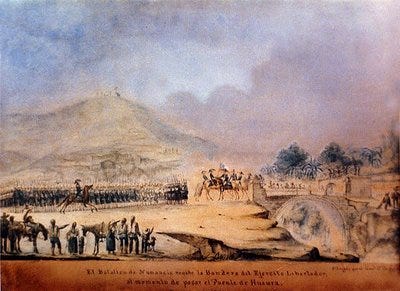 Acuarela de Bernardo O’Higgins, El Batallón Numancia recibe la Bandera del Ejército Libertador al momento de pasar el puente de Huaura (diciembre de 1820).