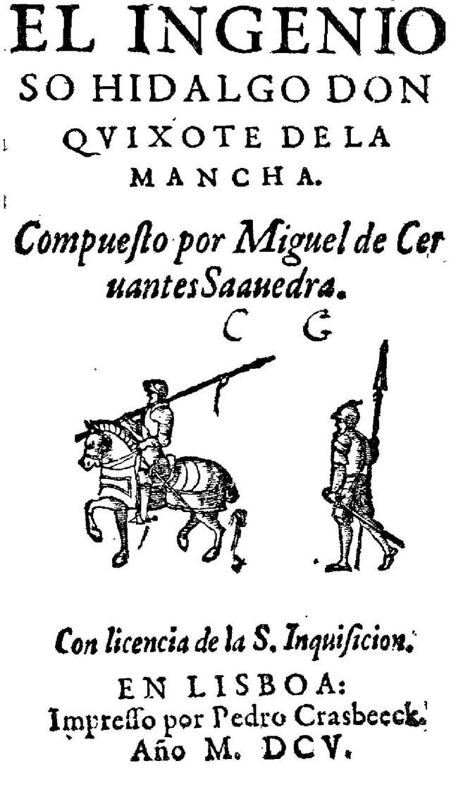 Portada de la (poco conocida) 2a edición lisboeta de DQ I (1605) por Pedro Craesbeeck.