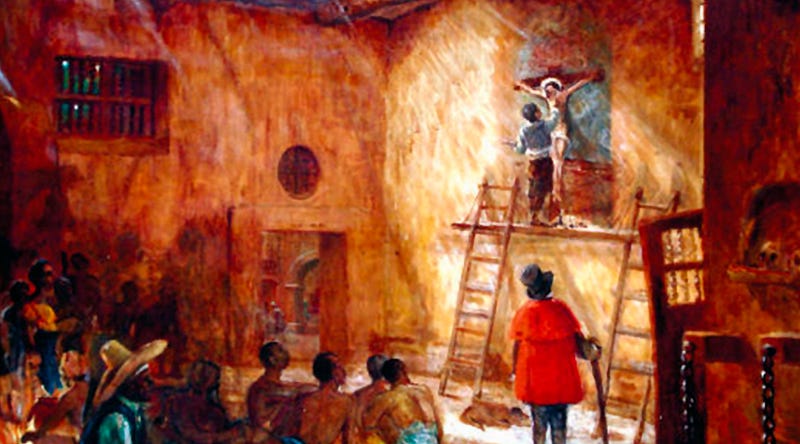 Alrededor del año 1650, unos negros angolas pertenecientes a la cofradía del barrio de Pachacamilla, en Lima, Perú, pintaron en uno de los muros del galpón donde se reunían, y donde quizá también habitaban, la imagen de un Cristo crucificado.
