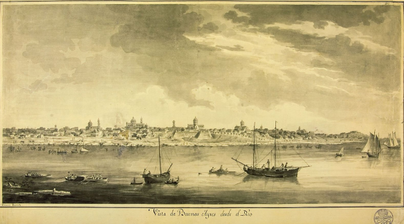 Tinta y aguada sepia titulada “Vista de Buenos Ayres desde el río” (1794) por Fernando Brambila