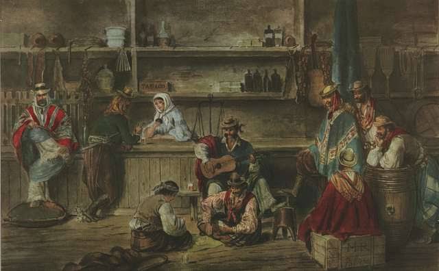 Jean Léon Pallière, Interior de una pulpería, 1858. Acuarela. Museo Histórico Nacional, Buenos Aires, Argentina.