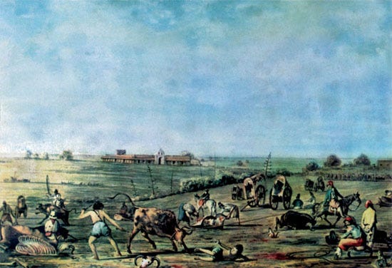 “La casilla, por otra parte, es un edificio tan ruin y pequeño que nadie lo notaría en los corrales a no estar asociado su nombre al del terrible juez y a no resaltar sobre su blanca pintura los siguientes letreros rojos: ‘Viva la Federación’, ‘Viva el Restaurador y la heroína doña Encarnación Ezcurra’, ‘Mueran los salvajes unitarios’” (Acuarela de Charles Henri Pellegrini, El matadero de Buenos Aires, 1830)