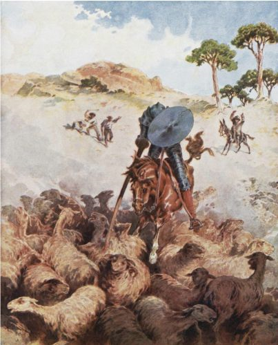 Don Quijote ve la polvareda que levantan dos rebaños de ovejas que se aproximan, y confunde aquellos con ejércitos de moros y cristianos que van a enfrentarse. Se une a la lucha matando a más de siete ovejas, y los pastores lo apedrean hasta tumbarlo de su montura.