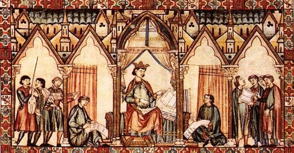 Alfonso X y su corte — Solo será al final de la Edad Media cuando el rey pasará de ser un señor de señores a un soberano de súbditos.