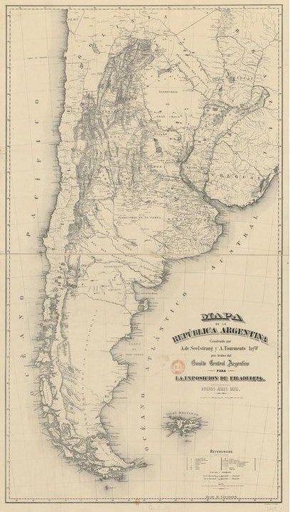 Mapa de la República Argentina para la exposición de Filadelfia (1875). Para más detalles, seguir el link: https://gallica.bnf.fr/ark:/12148/btv1b530253461/f1.item.zoom