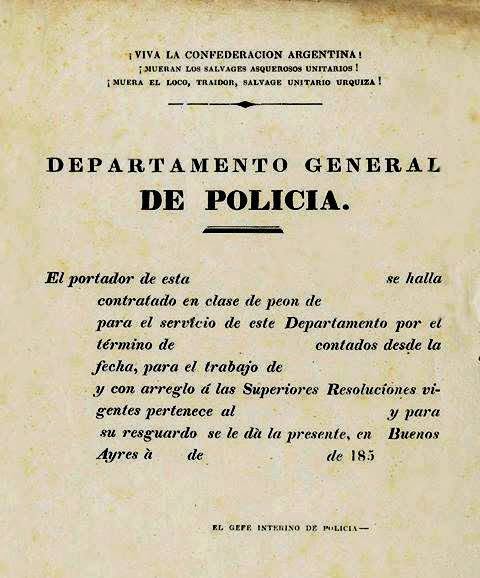 Formulario de conchabo expedido por el Departamento General de Policía. Buenos Aires, década de 1850. Imagen aportada para esta edición.