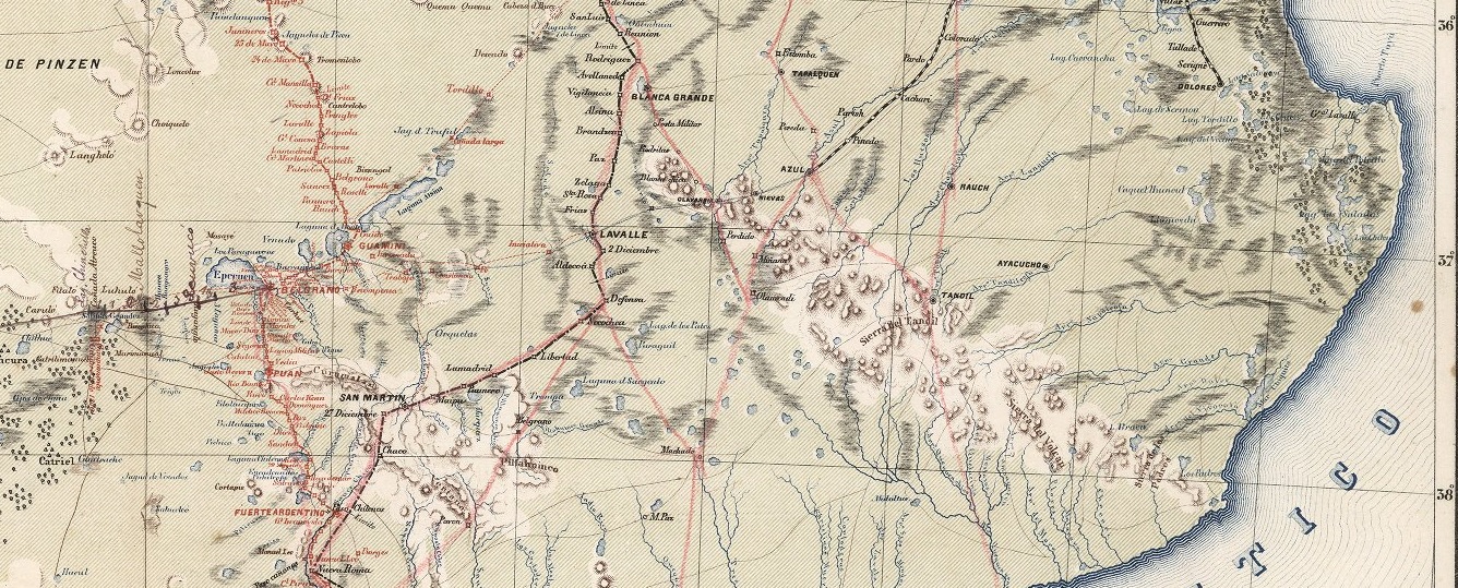 Detalle del plano de Wysocki. Sector de Azul y Tandil. Se distinguen ambas poblaciones, las sierras, los recorridos y las referencias de Miñana o Mignana y Otamendi dentro de la trama fronteriza.