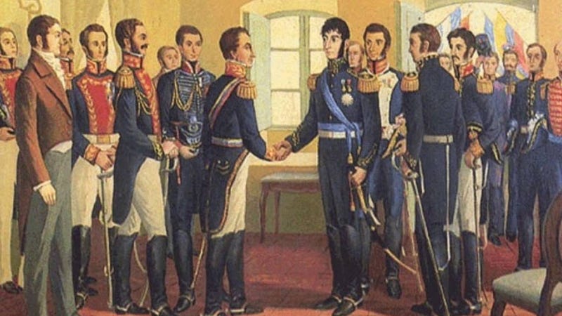 “En un costado del palco, el pintor y soldado José María Espinosa, que era ayuda de cámara y retratista oficial del Libertador, trazaba en carbonilla el dibujo del abrazo que luego llevaría al óleo.”