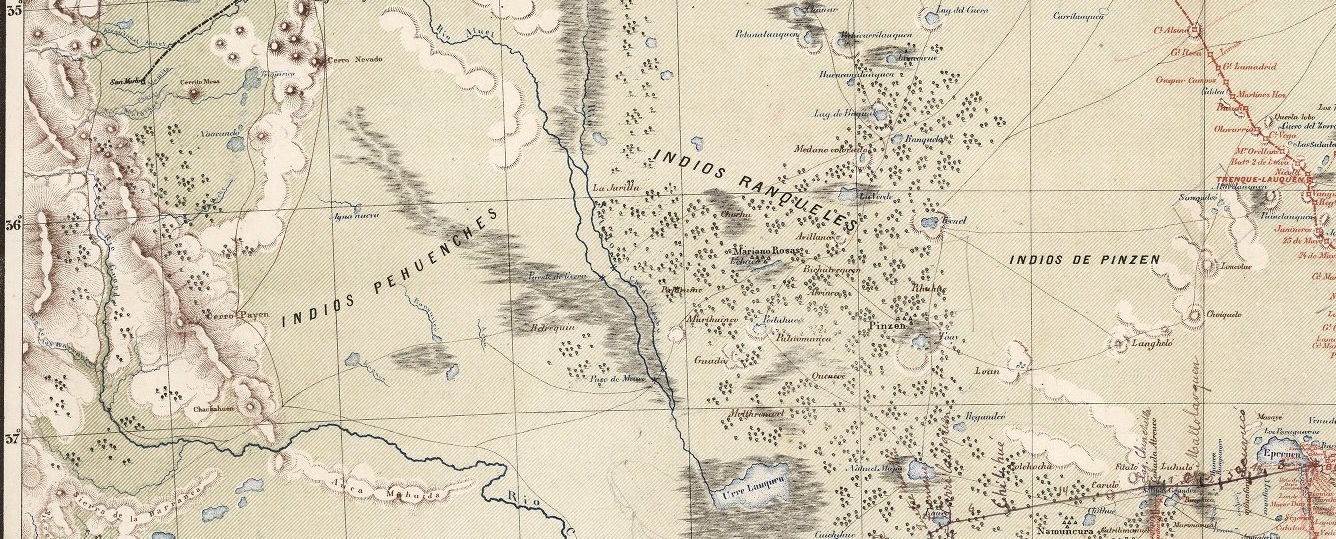 Detalle occidental del plano de Wysocki. El mapa inscribe tolderías, nombres de caciques y grandes rótulos colectivos —ranqueles, pehuenches y grupos asociados con Pincén y Namuncurá— junto con ríos, lagunas y accidentes del terreno.