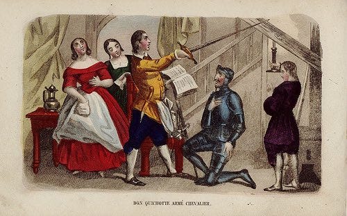 En la forma en Don Quijote fue armado caballero, Cervantes está parodiando el ritual religioso de la ordenación de un sacerdote: velando sus armas en la pila como si fuera un altar, luego, puesto de rodillas ante el ventero, éste recita y murmura oraciones, dando un golpe en la cara y en el hombro que recuerda las palmadas de los ritos de Confirmación Sacerdotal, y después dice: “Dios haga a vuestra merced muy venturoso caballero”.