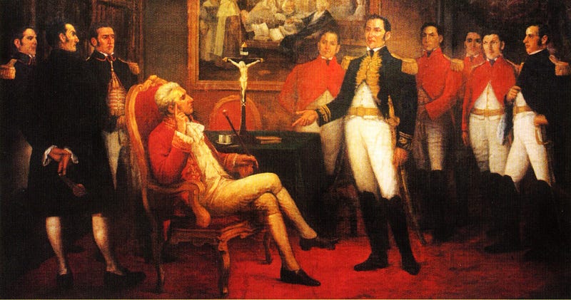 Óleo de Juan Lepiani que representa la entrevista de Punchauca, entre el virrey del Perú José de la Serna y el Libertador José de San Martín.