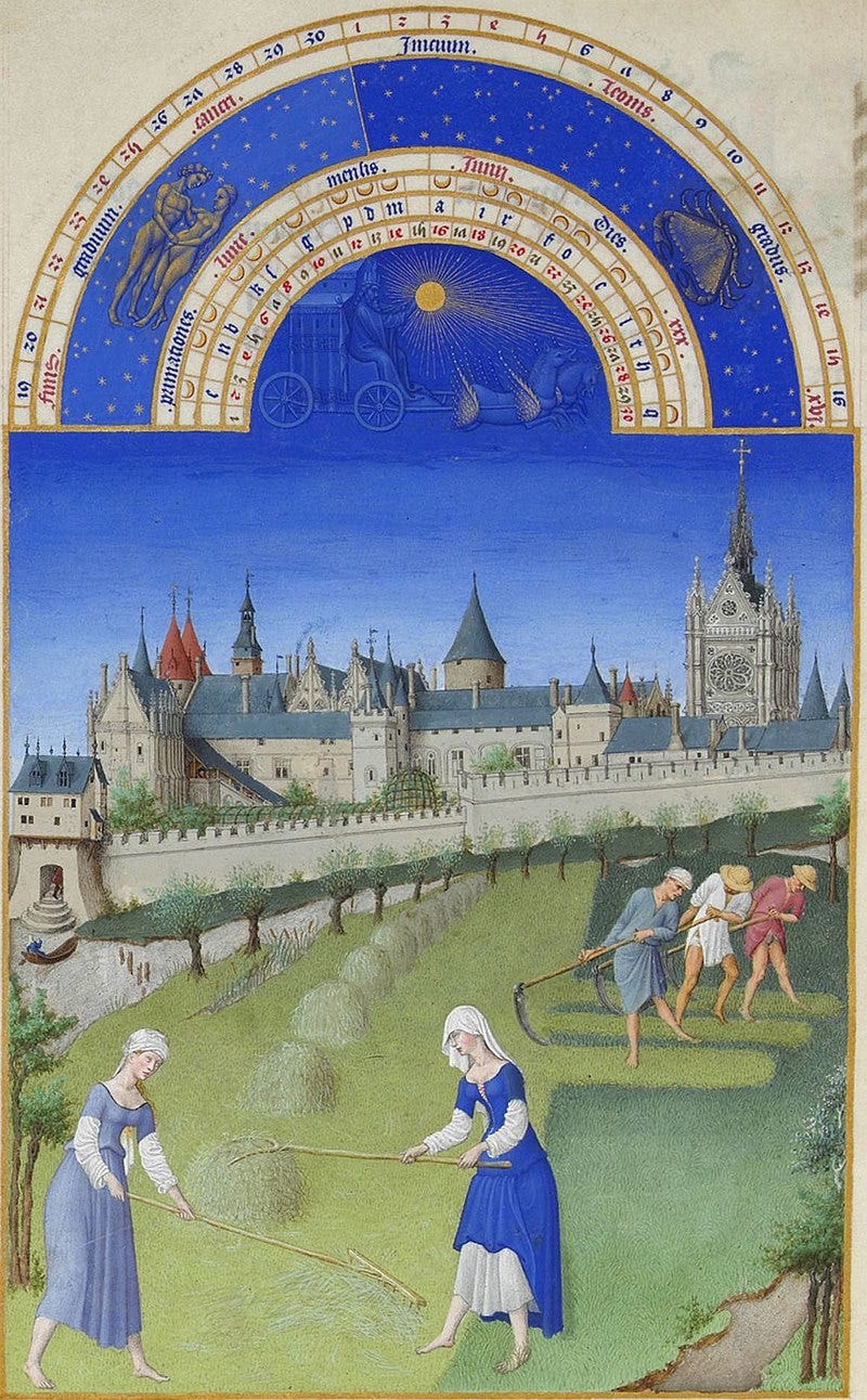 Faenas agrícolas del mes de junio, ilustración de Las muy ricas horas del Duque de Berry (1411–1416). Fenómenos tradicionales y de larga duración, como la necesidad de murallas, lo rudimentario de las técnicas y la explotación de los campesinos se contraponen a fenómenos nuevos y dinámicos, como el crecimiento de la ciudad y su atrevida arquitectura, que no obstante se siguen basando en la extracción y distribución del excedente productivo del campo. Aún queda mucho para culminar la transición del feudalismo al capitalismo.