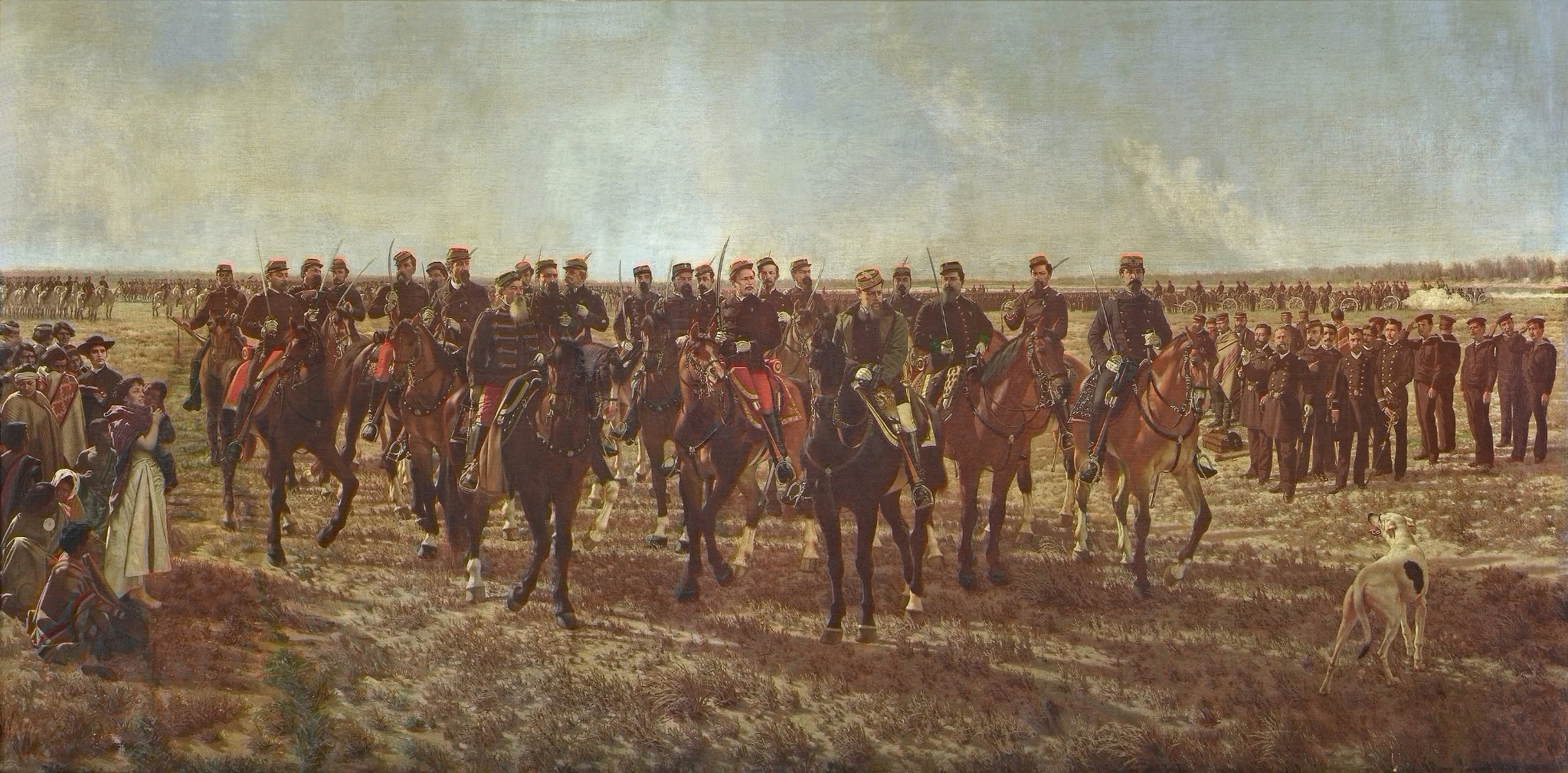 Juan Manuel Blanes, Ocupación militar del Río Negro en la expedición al mando del general Julio A. Roca, 1879, 1891–1896. Óleo sobre tela, 411 × 716 cm. Encargo del Ministerio de Guerra y Marina; Museo Histórico Nacional, Buenos Aires.