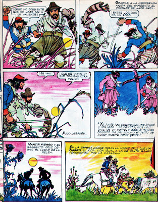 Martín Fierro, adaptación publicada en Billiken, 1972. Guion de Héctor Germán Oesterheld y dibujos de Carlos Roume. La secuencia incluye el auxilio de Cruz y el pasaje hacia la compañía de los dos gauchos.