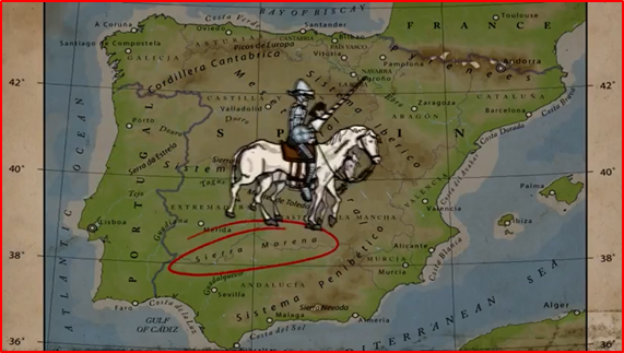 Sierra Morena. Don Quijote encuentra la escritura y Sancho el capital.