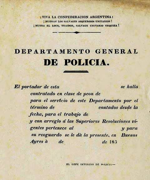 Libreta de conchabo expedida por el Departamento de Policía. Buenos Aires, década de 1850.
