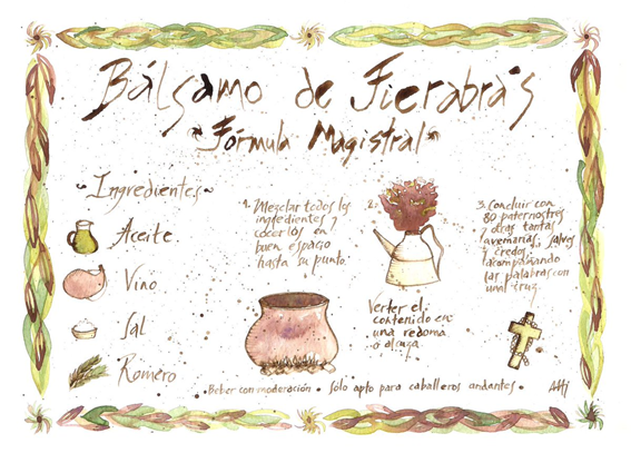 Receta ilustrada del bálsamo de Fierabrás para que tengan a mano en caso de molimientos, quebrantamientos o estén malferidos.