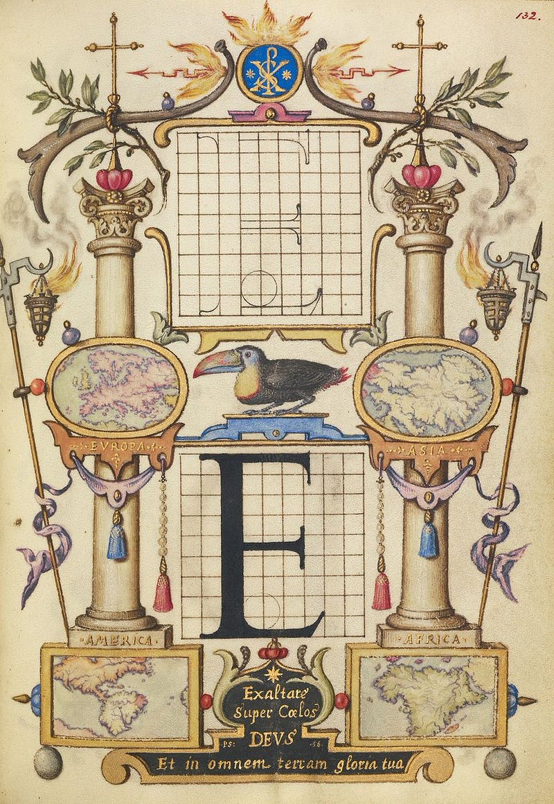 Letra E, de la “Guide to Constructing the Letters” (1595) by Joris Hoefnagel