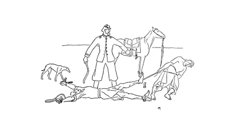 Then to my hands and feet they tied / Four thongs of plaited hide.