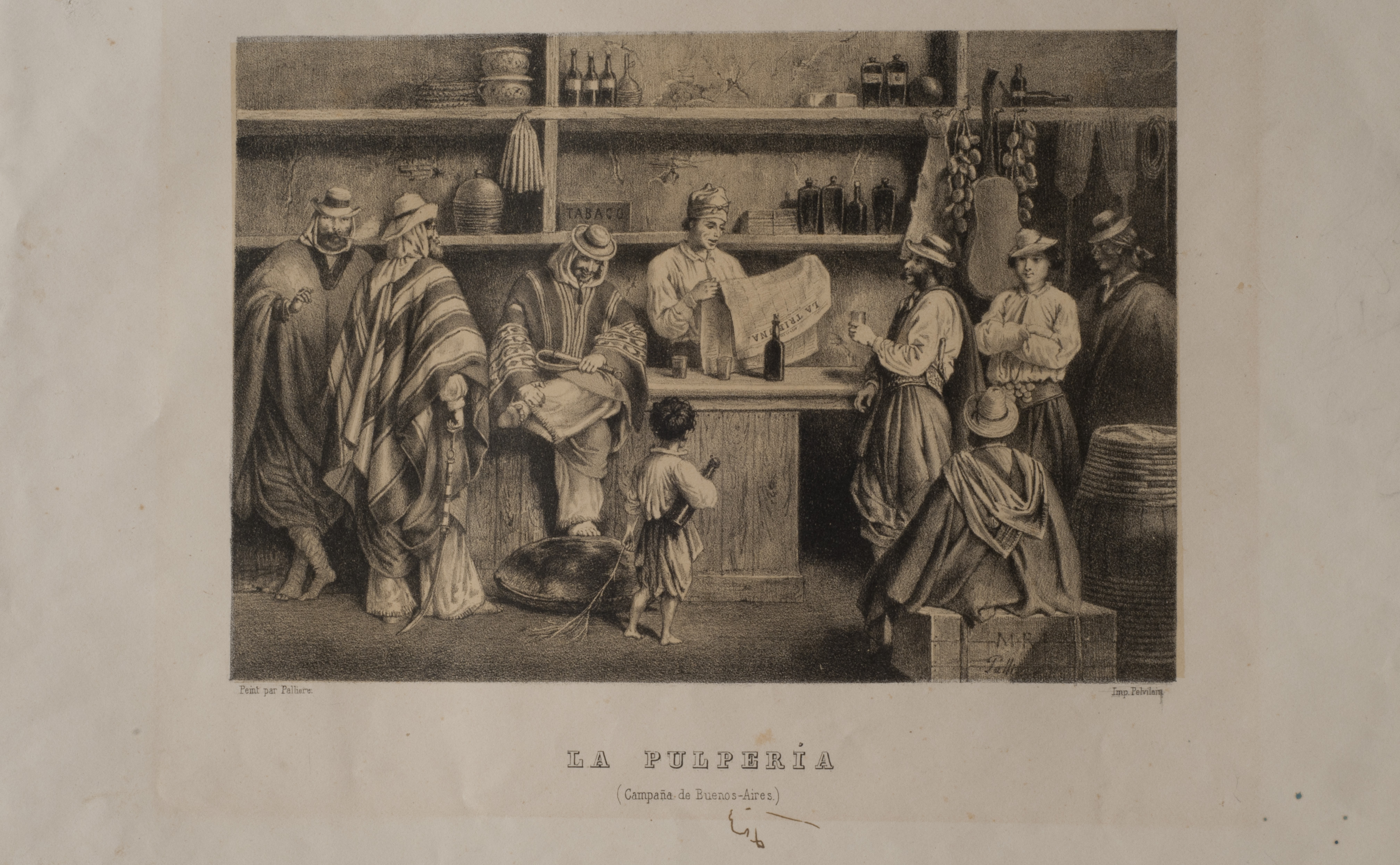 Jean Léon Pallière. La pulpería (Campaña de Buenos Aires), 1864–1865. Litografía sobre papel, 21,5 × 28 cm. Del Álbum Pallière. Escenas americanas. Museo Nacional de Bellas Artes, inventario 8166.