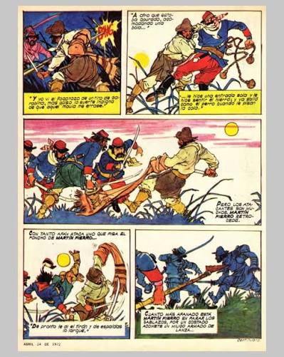 Martín Fierro, Billiken, 24 de abril de 1972. Guion de Héctor Germán Oesterheld y dibujos de Carlos Roume. La página concentra la pelea entre Fierro y la partida.