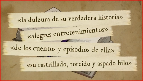 Empieza con una alabanza hilarante del ingenioso hidalgo, “felicísimo tiempo, audacísimo caballero”, una parodia de las novelas de caballería, con una dosis de crítica literaria sobre el contenido y forma de novela.