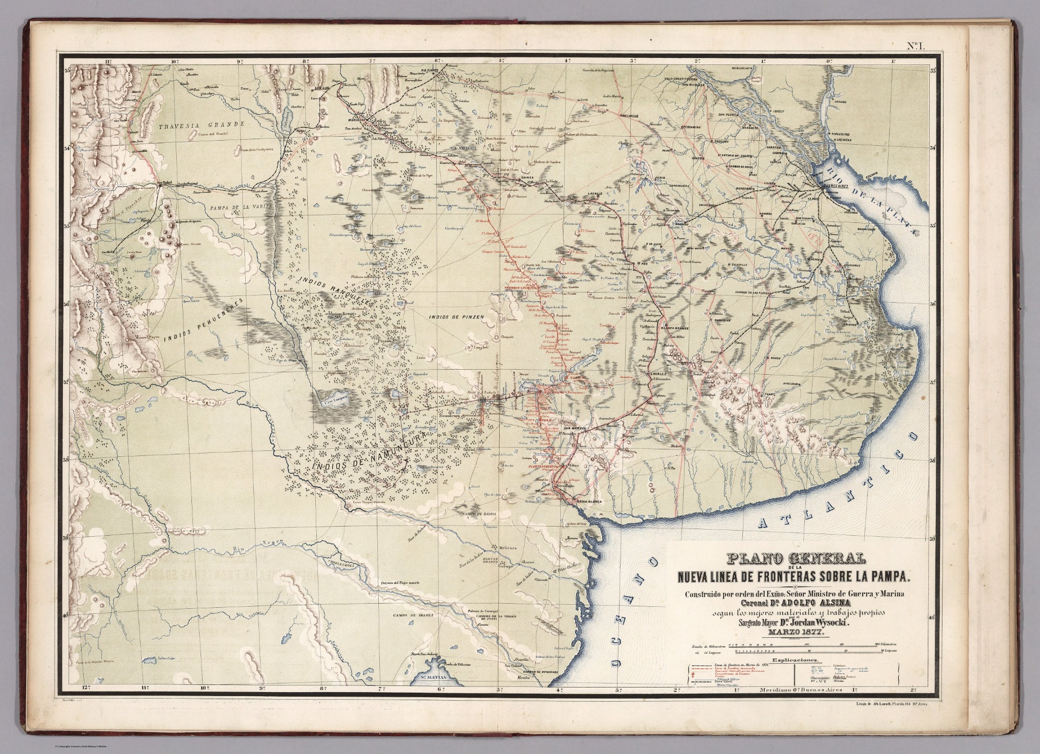 Jordan Wysocki. Plano general de la nueva línea de fronteras sobre la Pampa, marzo de 1877. Litografía de Alberto Larsch, Buenos Aires. Mapa de atlas, 49 × 68 cm, escala aproximada 1:1.851.852. Reproducción digital de la David Rumsey Map Collection.