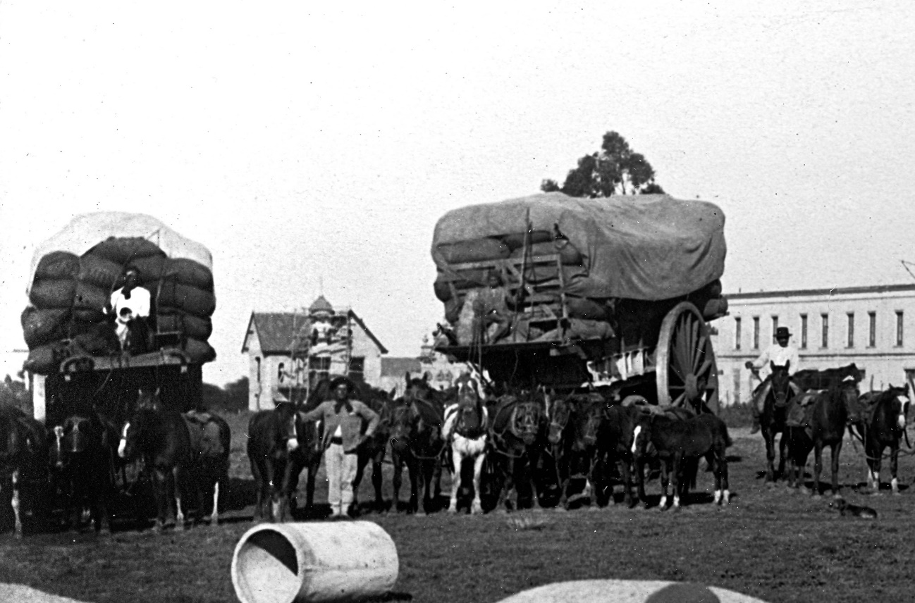 Carretas cargadas de lana junto a la estación