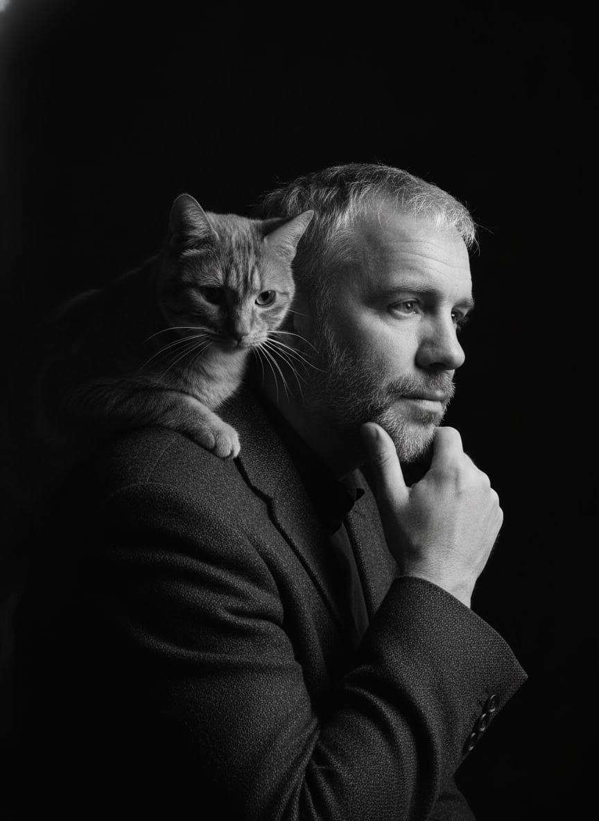 Retrato de Gonzalo Darrigrand junto a su gato Simón